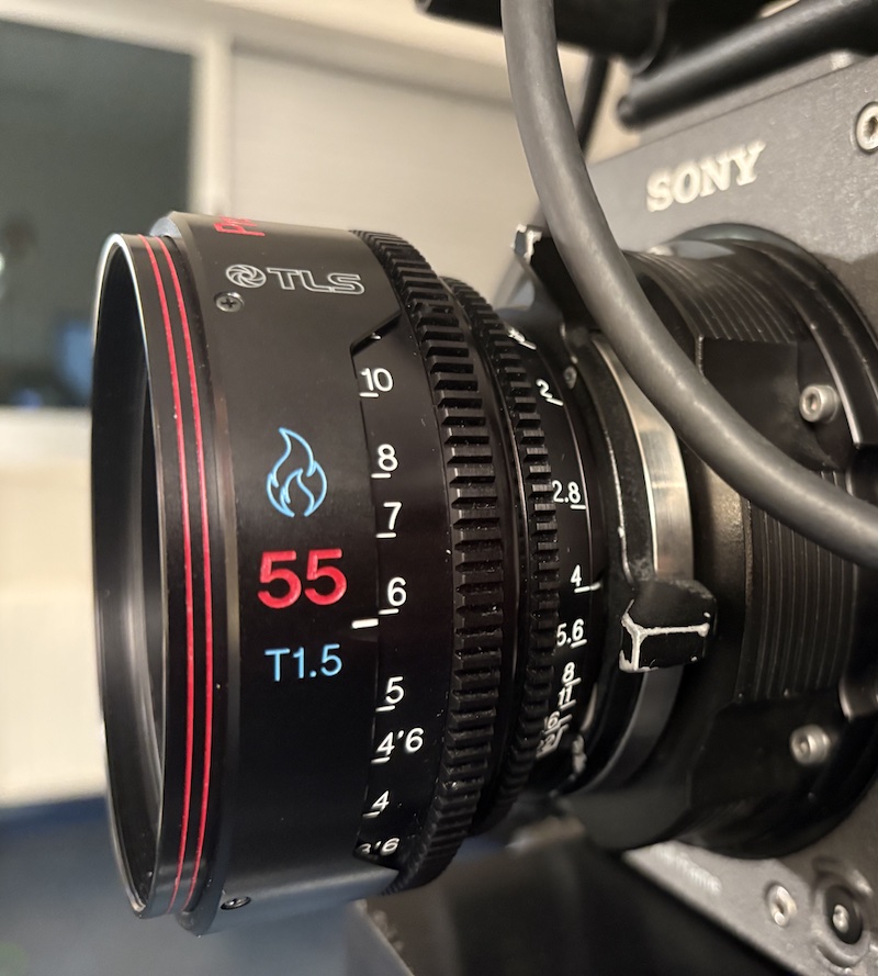 Side view of the TLS Prometheus 55mm T1.5 in PL mount on Sony VENICE