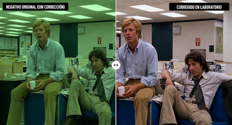 All the President’s Men comparación de fluorescentes verdosos y corrección neutra en laboratorio por Gordon Willis ASC