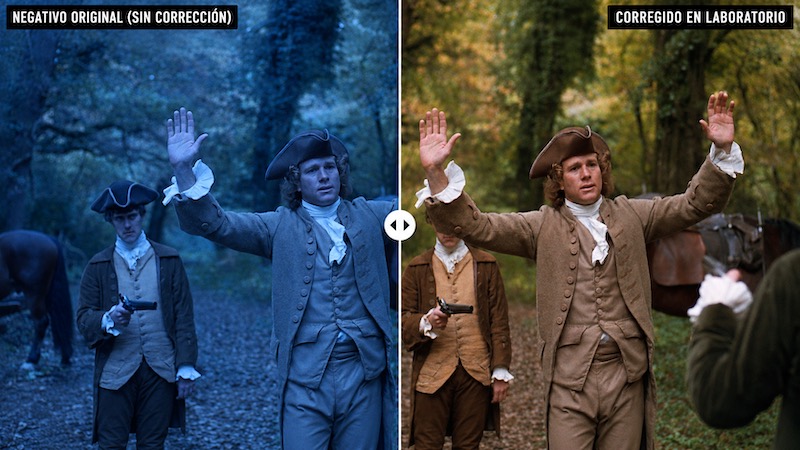 Barry Lyndon comparación de negativo tungsteno sin filtro 85B y corrección de color en laboratorio
