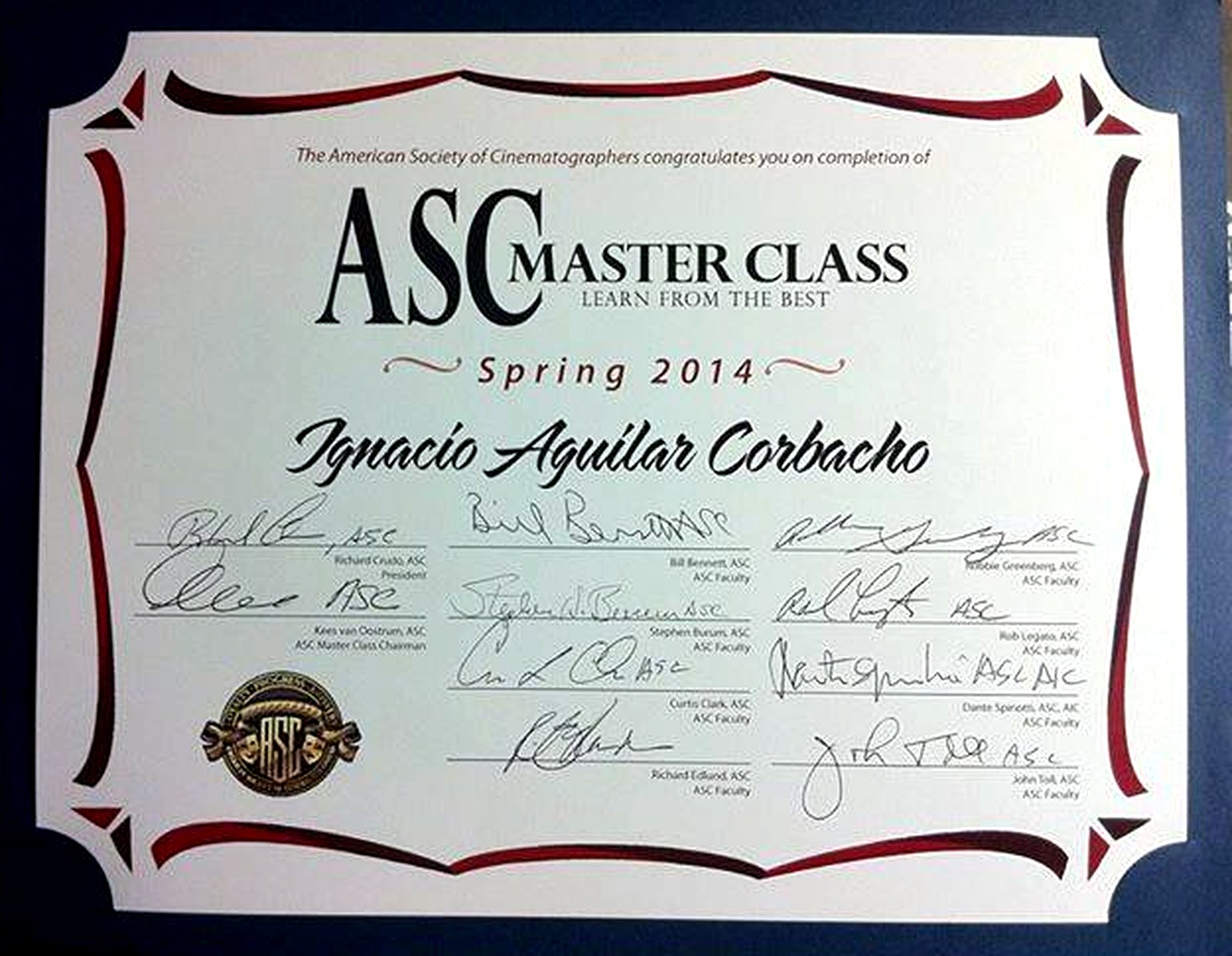 Certificado ASC Master Class Spring 2014 de Ignacio Aguilar Corbacho