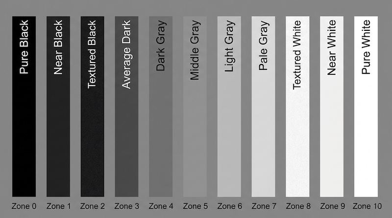 Sistema de Zonas de Ansel Adams con negro, gris medio y blanco