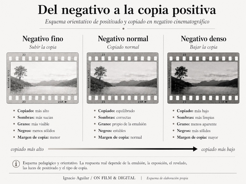 Esquema de positivado desde negativo fino, normal y denso con copiado más alto o más bajo