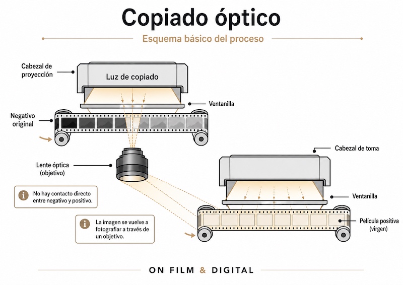 Esquema de copiado óptico en laboratorio fotoquímico, con el negativo refotografiado sobre película positiva a través de una lente