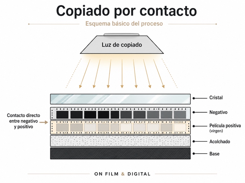 Esquema de copiado por contacto en laboratorio fotoquímico, con negativo y película positiva en contacto directo bajo la luz de copiado