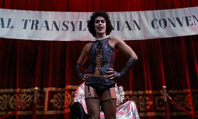Tim Curry as Frank-N-Furter on stage in The Rocky Horror Picture Show, photographed by Peter Suschitzky