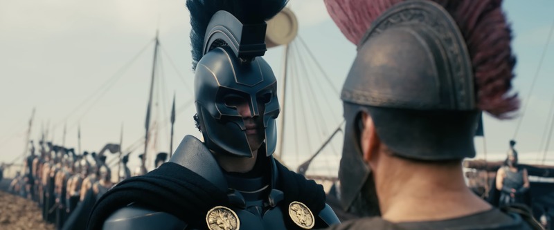 Diálogo entre soldados con cascos en La Odisea de Christopher Nolan fotografiado por Hoyte Van Hoytema en IMAX 65mm