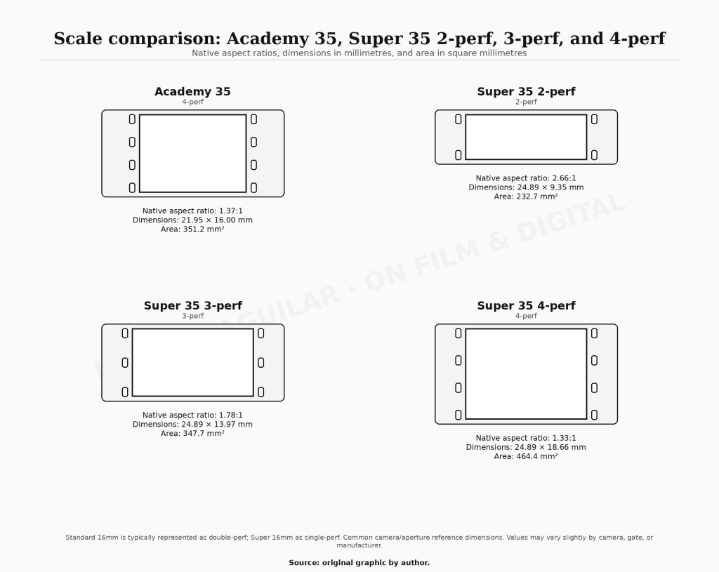 Scale comparison of Academy 35, Super 35 2-perf, Super 35 3-perf and Super 35 4-perf negative areas and aspect ratios