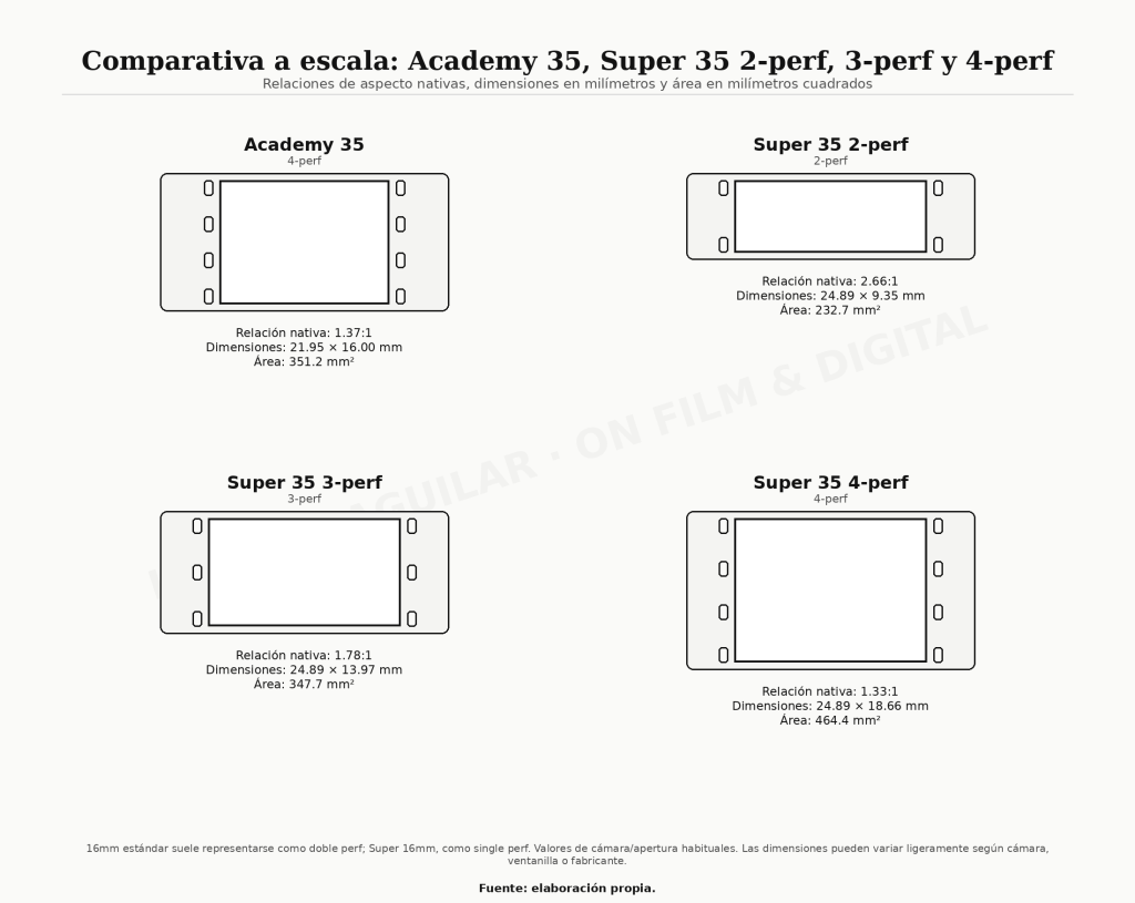 Comparativa a escala entre Academy 35, Super 35 2-perf, Super 35 3-perf y Super 35 4-perf